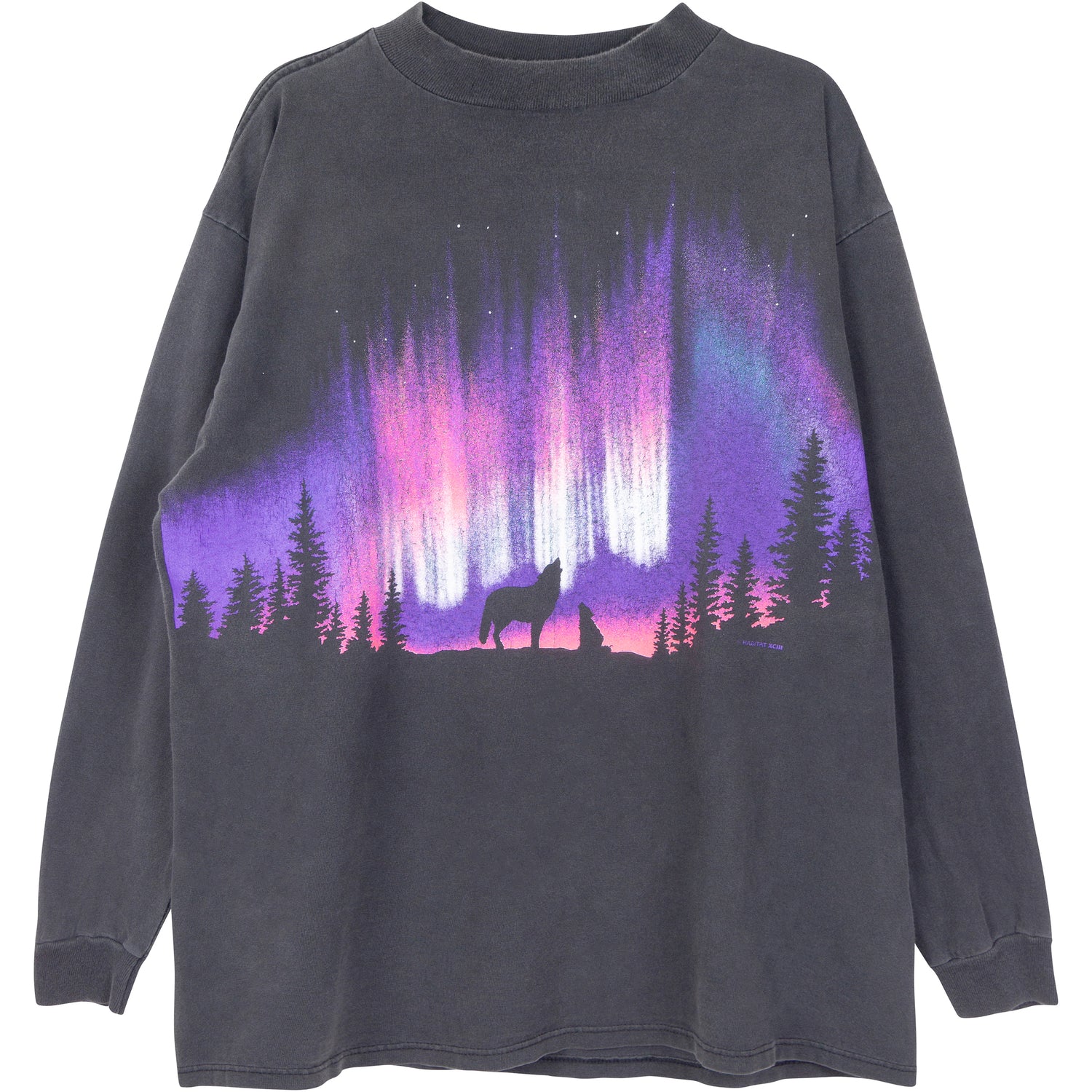 VINTAGE NORTHERN LIGHTS WOLF MOCK NECK LONG SLEEVE T-SHIRT